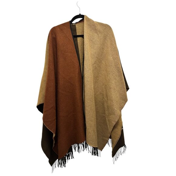 Colorblock Fringe Trim Poncho Wrap In Brown & Tan - One Size - Picture 1 of 4